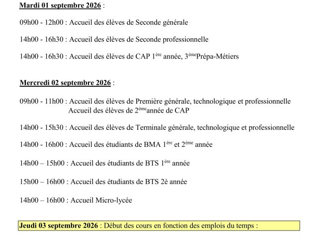 Déroulement rentrée des classes 2026